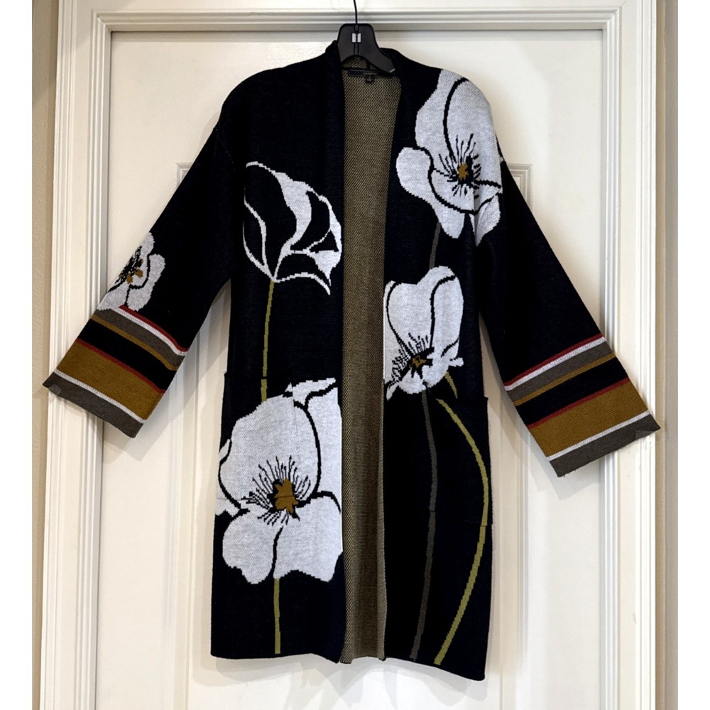 Maxsport Cardigan Sz S Wool Blend‎ Open Sweater Knit Black Floral Long Lagenlook